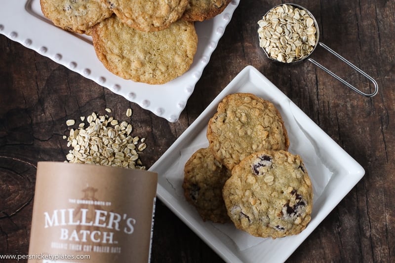 two white square plates of ranger cookies with spilled miller's oats and measuring cup.