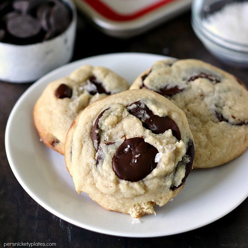 plate of three Salted Chocolate Chip Cookies