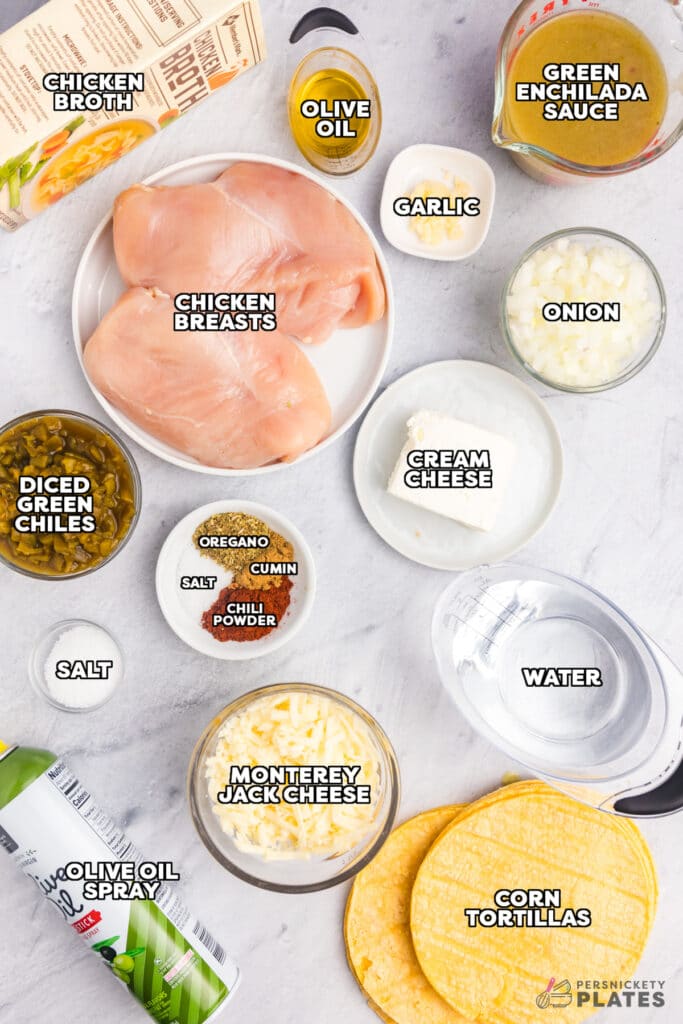 overhead shot of labeled ingredients laid out to make chicken enchilada soup.