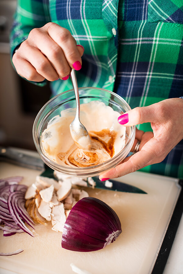 showing the creamy mayo topping