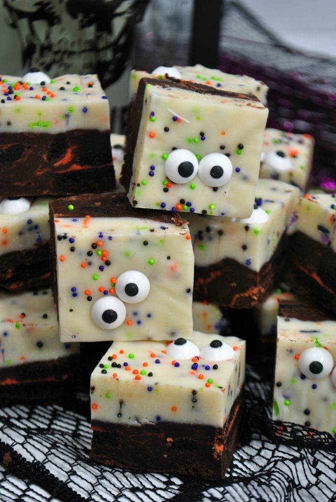 stack of fudge with halloween sprinkles and eyeballs