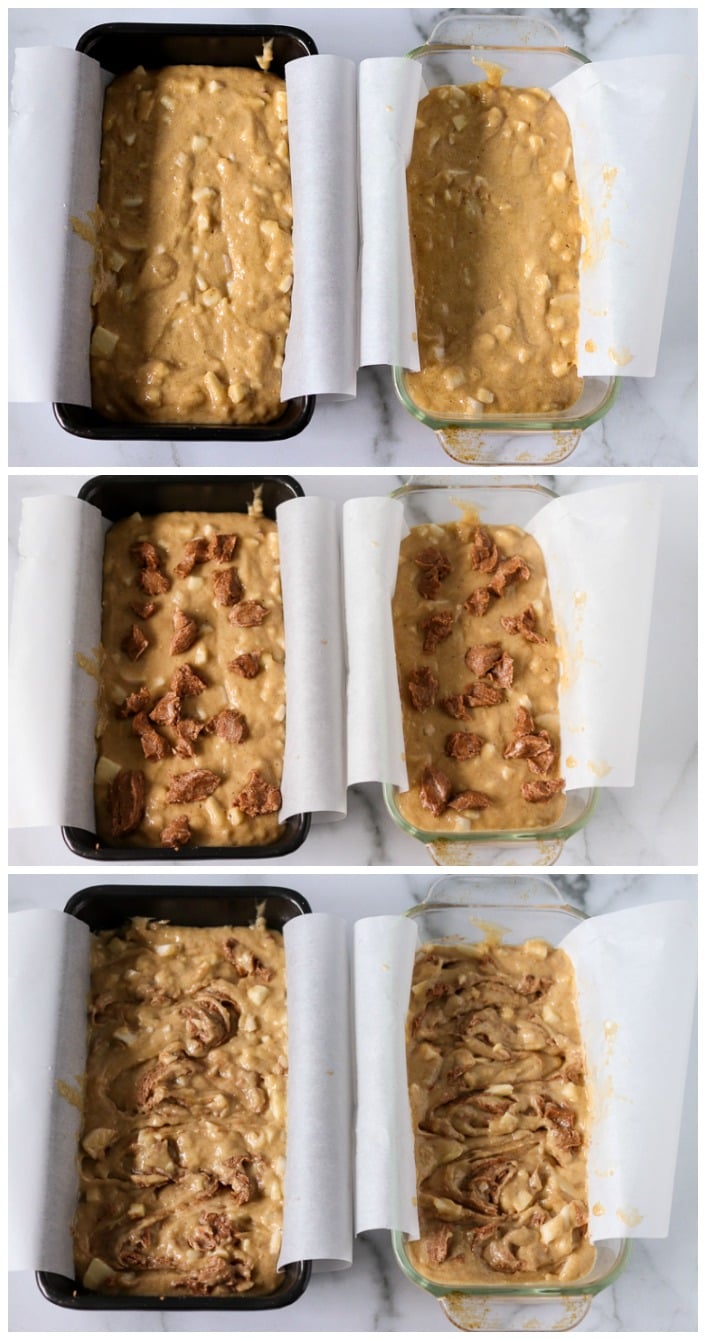 apple cinnamon swirl bread in loaf pans