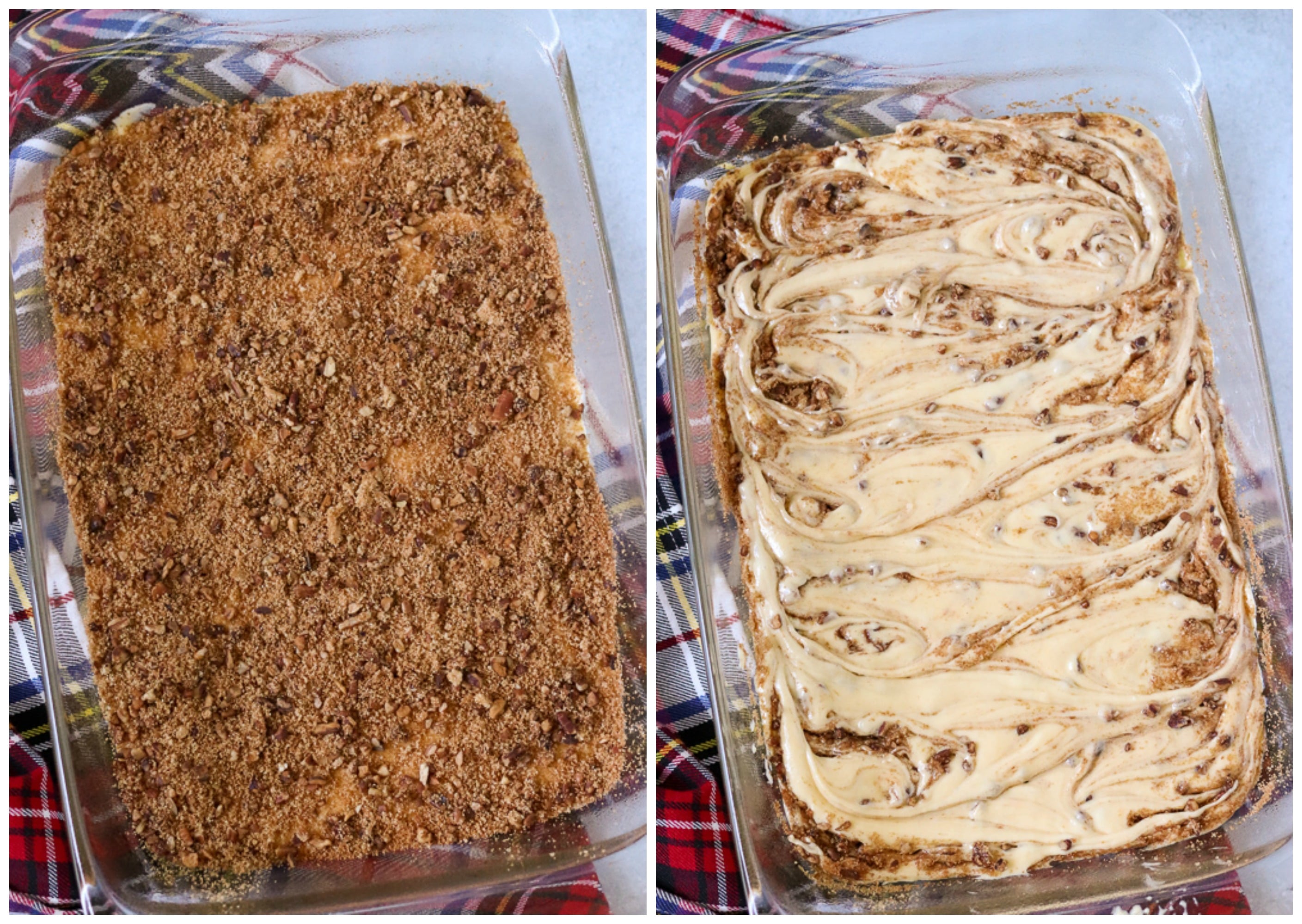 overhead shot of honey bun cake batter in baking dish