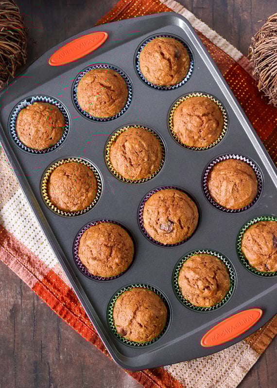 overhead shot of pumpkin muffins in muffin pan