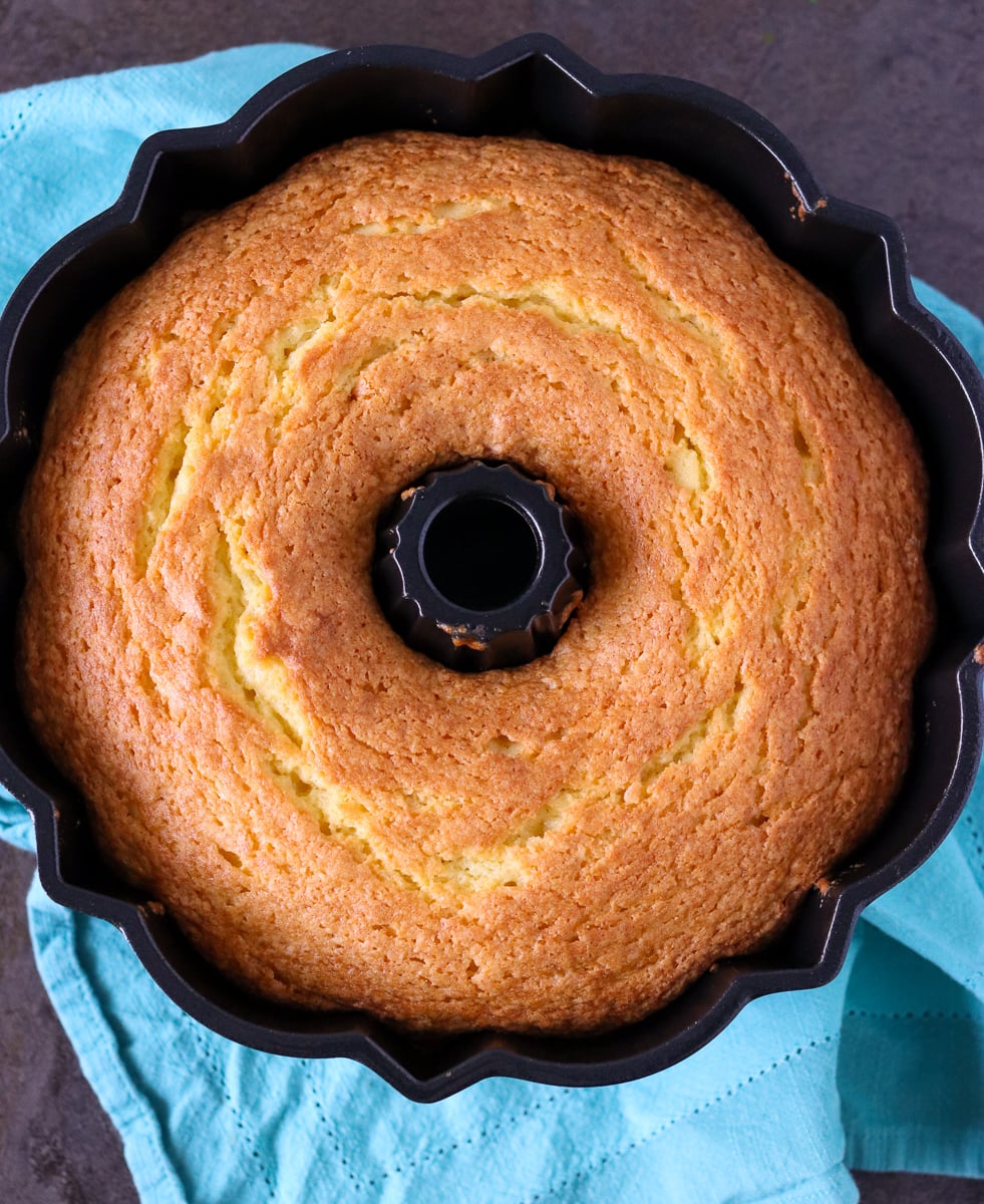 overhead shot of lemon pudding cake in bundt pan