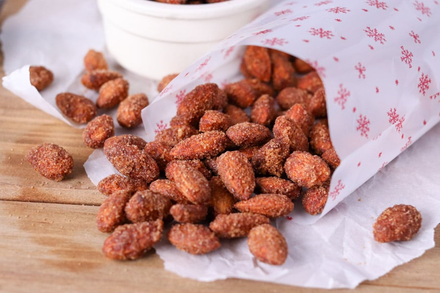 candied almonds spilling out of christmas bag
