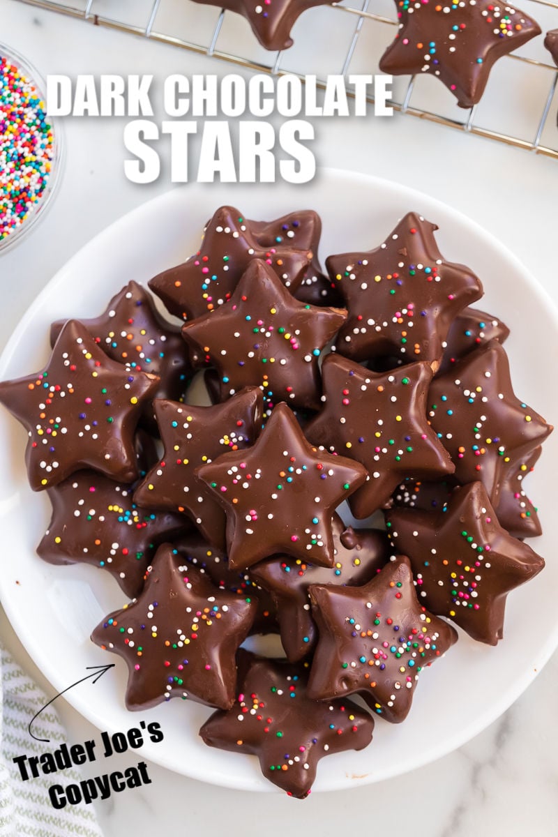 overhead shot of platter of dark chocolate star shortbread cookies
