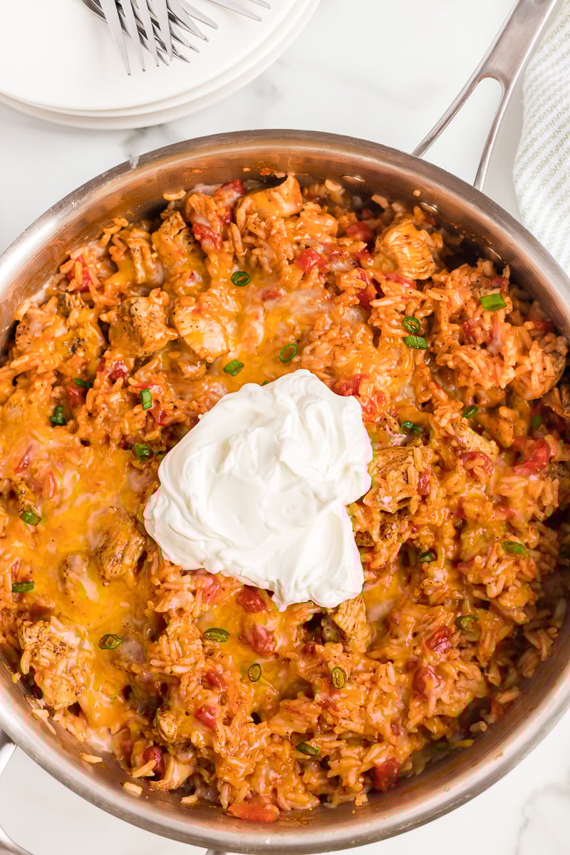 chicken skillet topped with sour cream