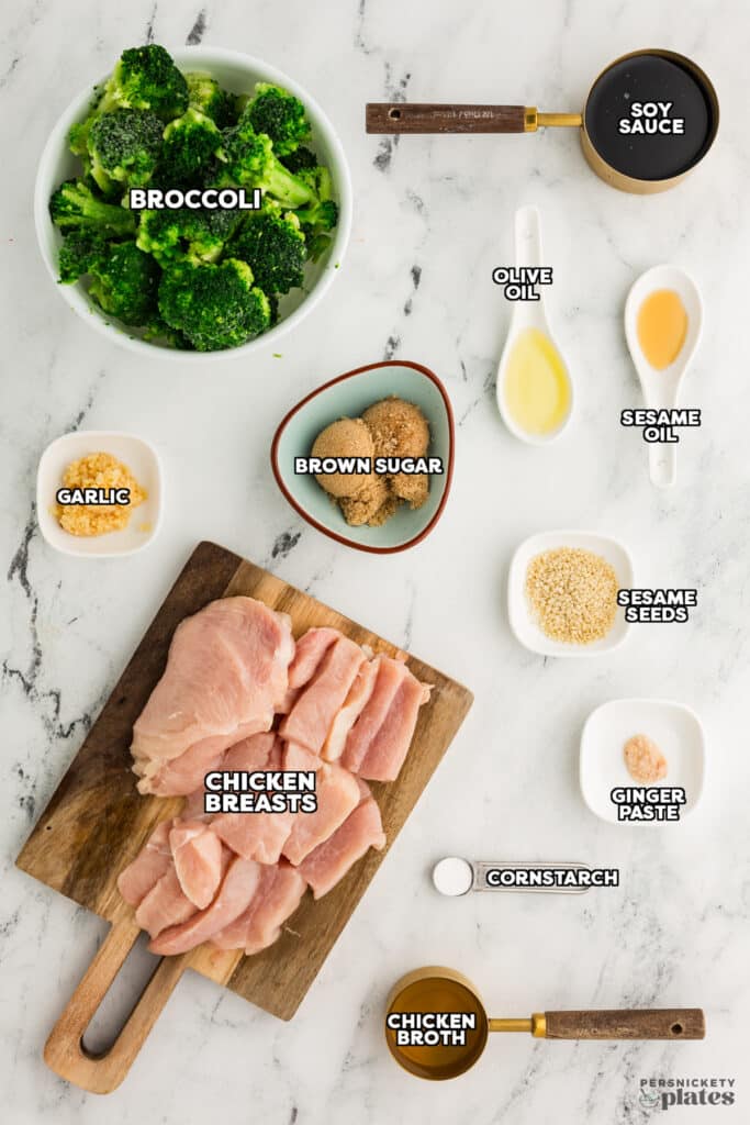 labeled ingredients laid out to make a chicken & broccoli skillet meal.