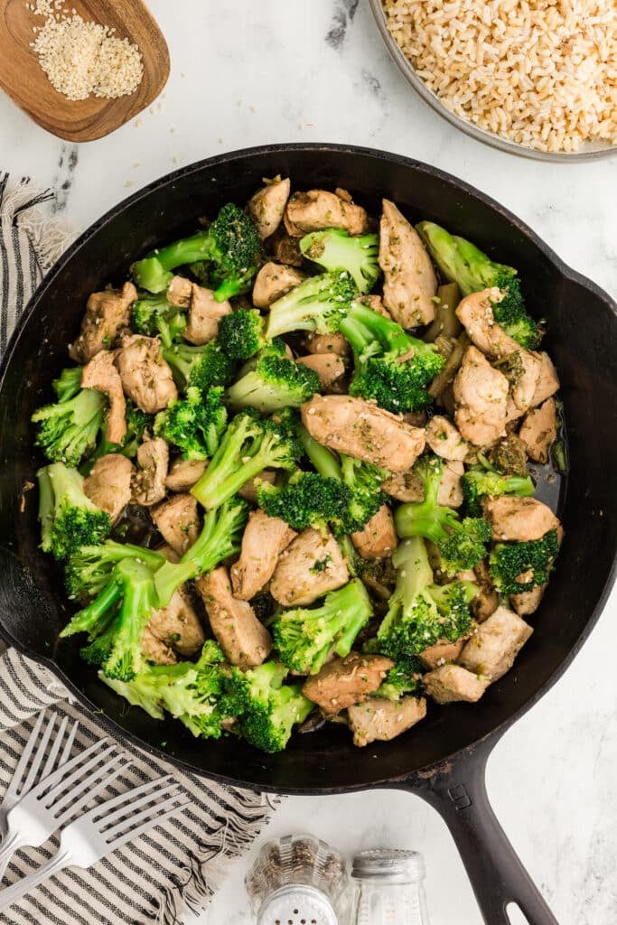 overhead shot of a chicken and broccoli skillet.