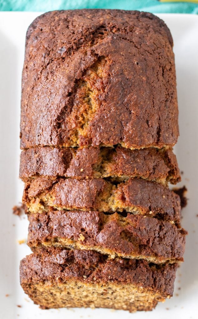 overhead shot of sliced banana bread loaf
