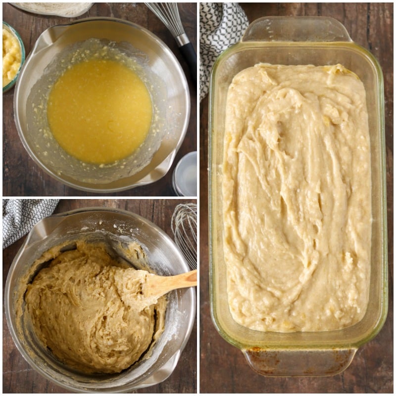 mixing bowl with banana bread batter