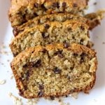 close up of sliced oatmeal chocolate chip quick bread