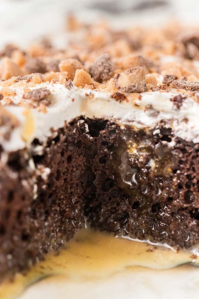 shot of the inside of a gooey better than sex cake