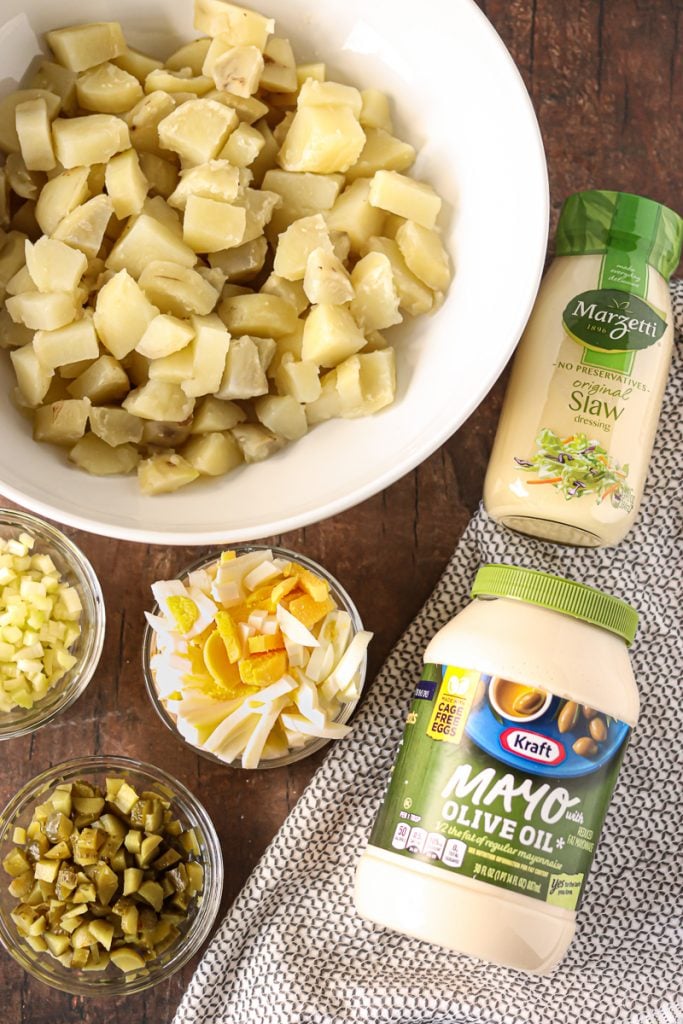 overhead shot of ingredients laid out to make potato salad