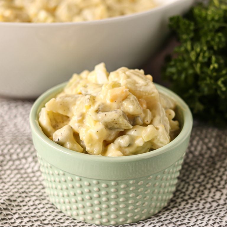 potato salad in a light green dish