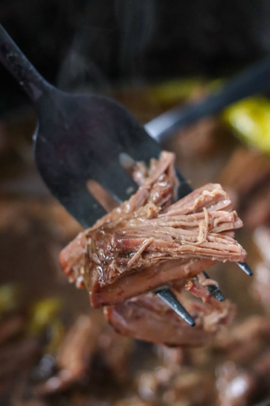 close up of fork full of pot roast