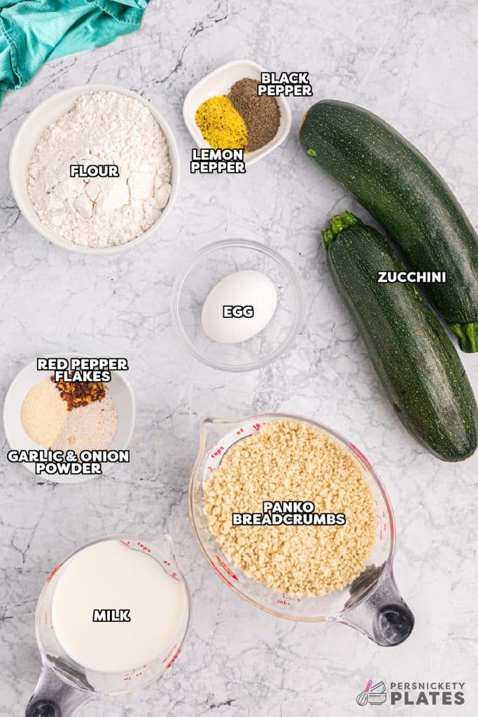 overhead shot of labeled ingredients laid out to make zucchini fries.