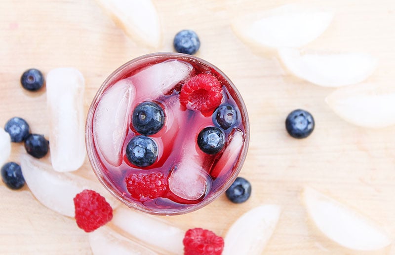 overhead shot looking into a glass of sangria