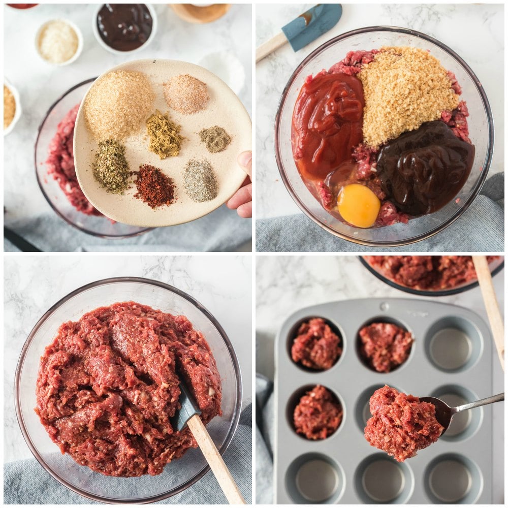 process shots of making mini meatloaves