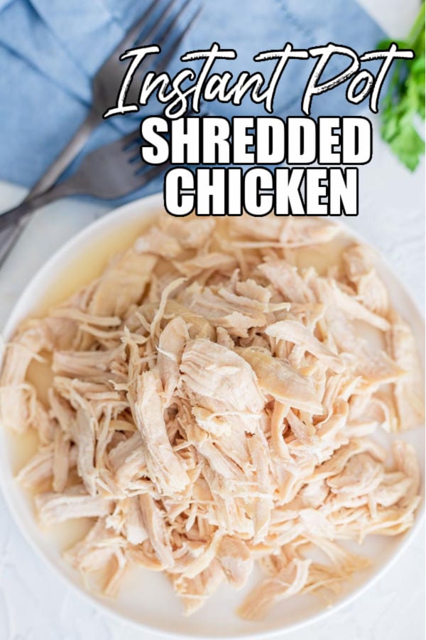 plate of shredded chicken with title text
