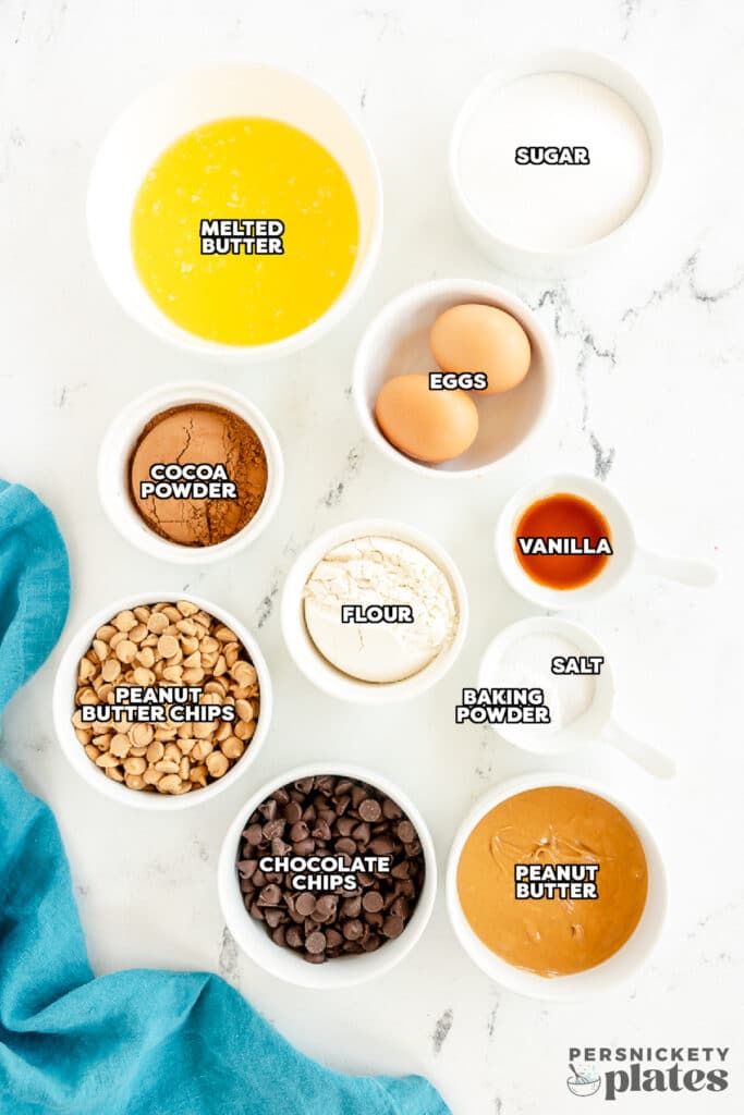 overhead shot of labeled ingredients laid out to make peanut butter brownies.