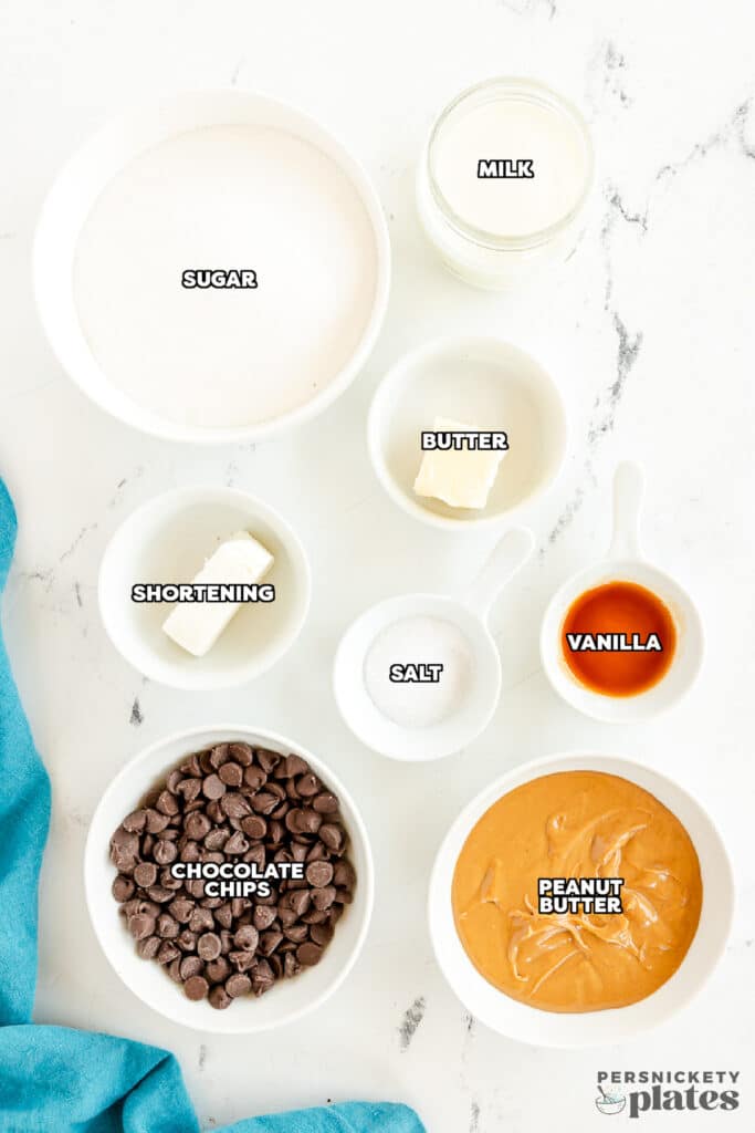 overhead shot of labeled ingredients laid out to make peanut butter frosting.