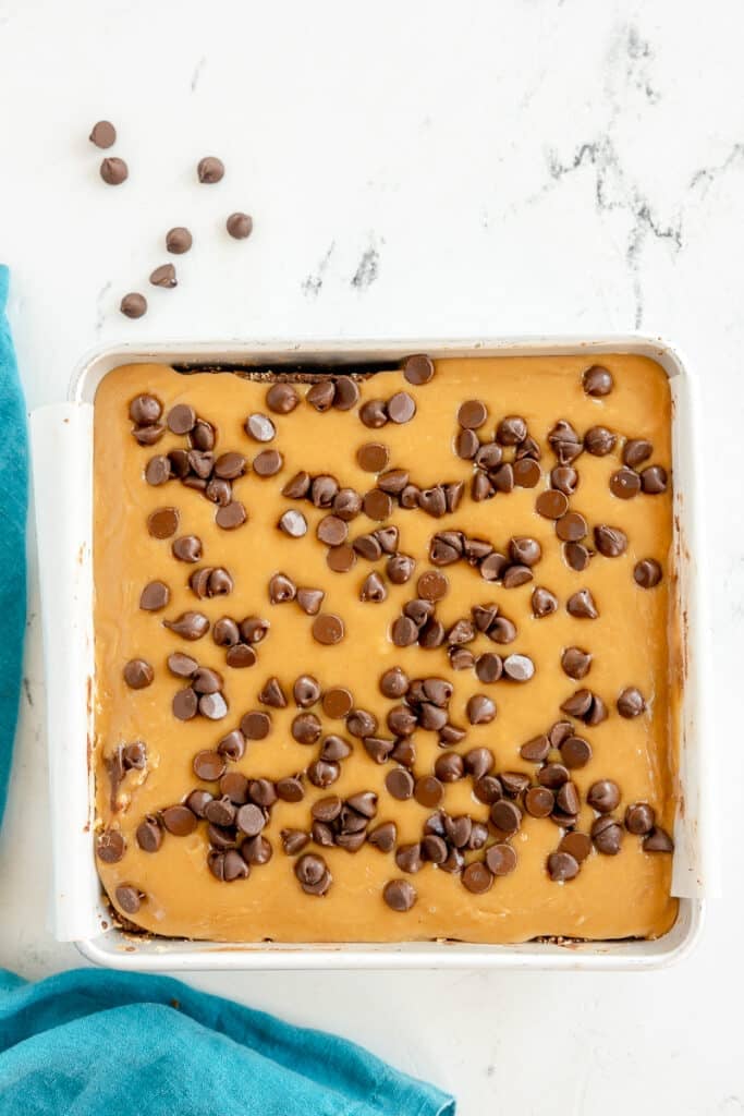 chocolate chips sprinkled over peanut butter frosting.