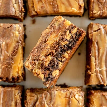 a peanut butter swirl brownie turned on its side.