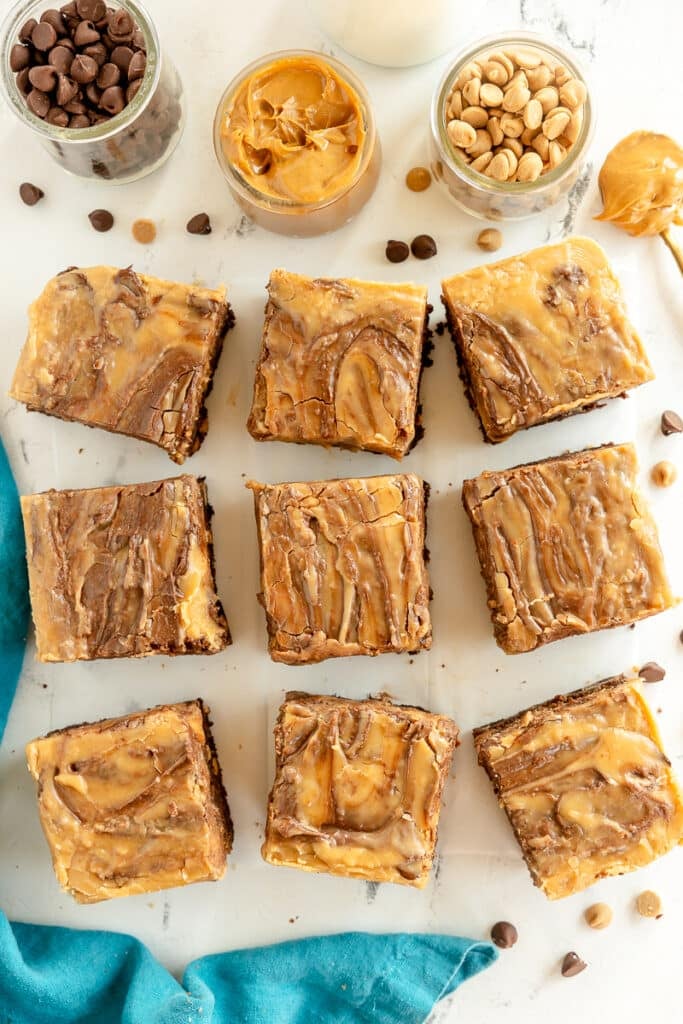 overhead shot of 9 sliced peanut butter brownies.