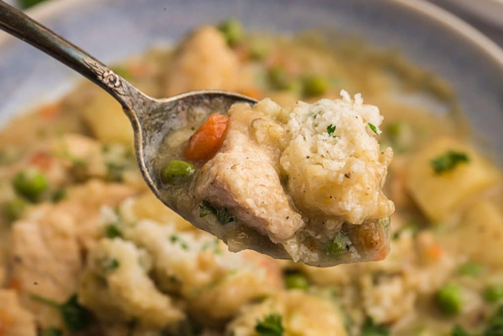spoon lifting a bit of chicken and dumplings from a bowl.