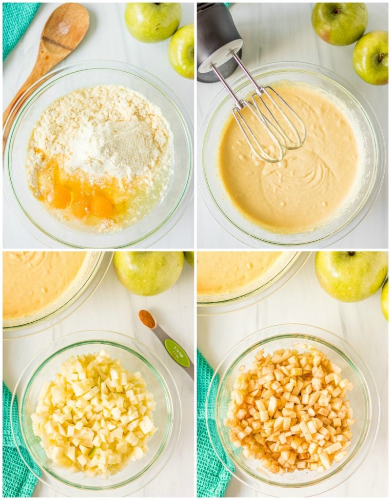 collage of cake batter in mixing bowl