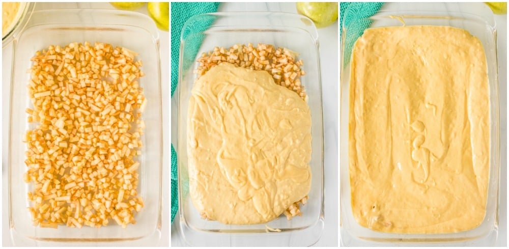 collage of cake batter pouring into baking dish