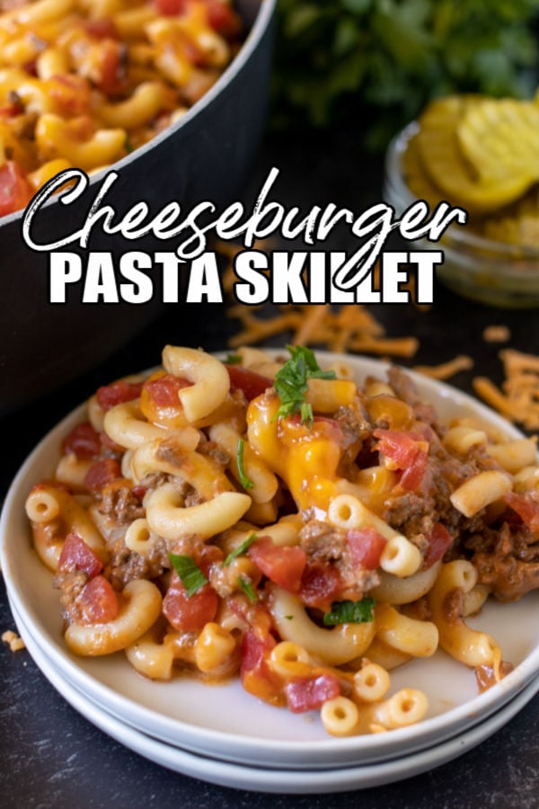 plate of cheeseburger casserole with text overlay