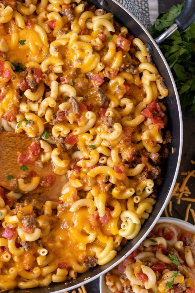 overhead shot of cheeseburger skillet