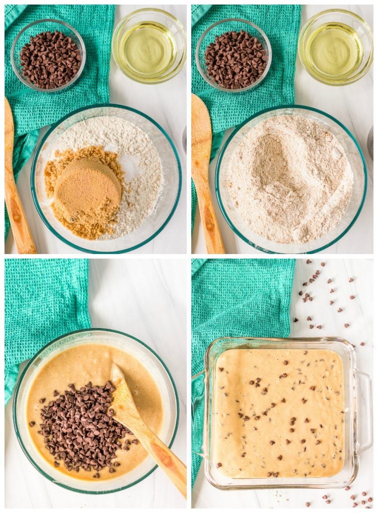 collage of overhead shots of mixing bowl making cake