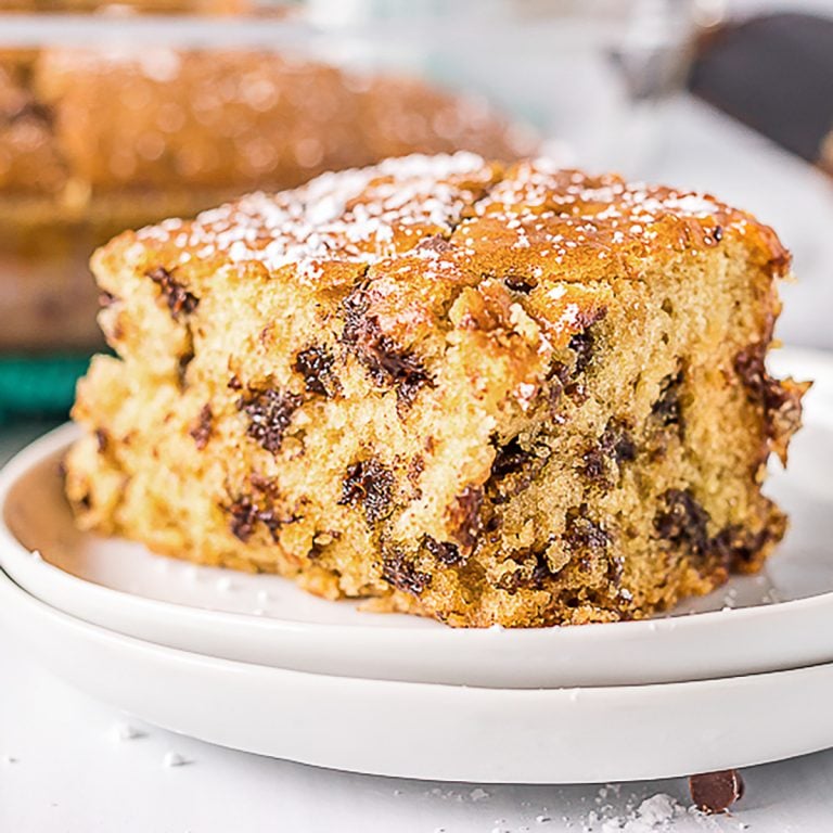 slice of chocolate chip snack cake on white plate