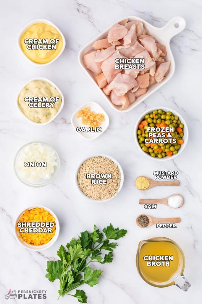 overhead shot of labeled ingredients laid out to make slow cooker chicken and rice.