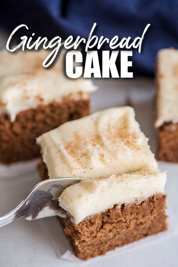 fork cutting into slice of gingerbread cake with title text overlay