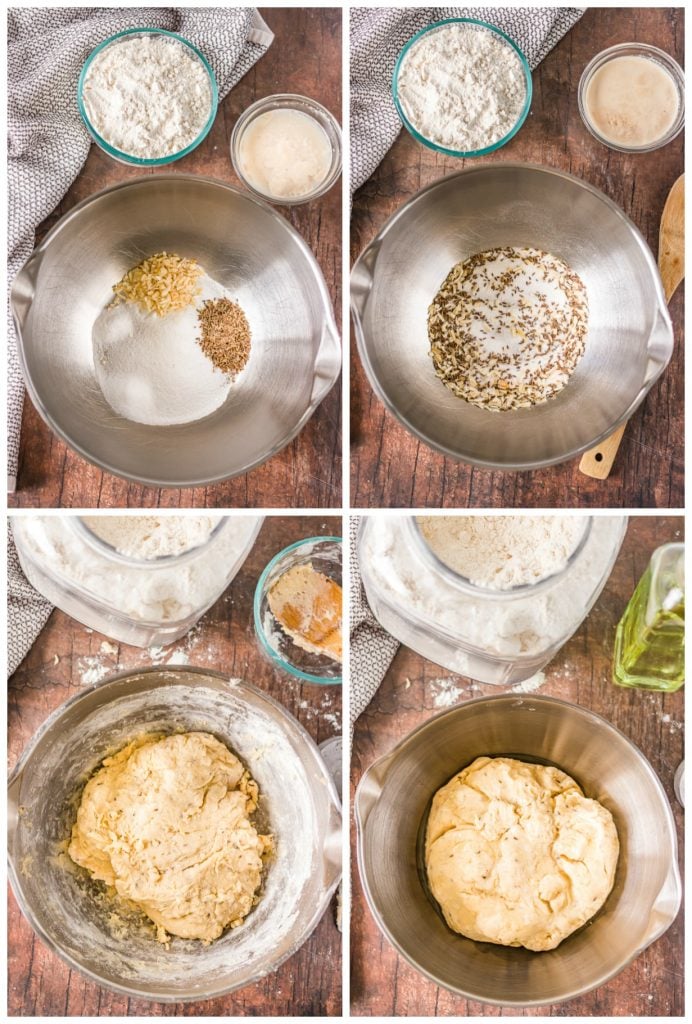 collage of overhead shot of mixing bowls making bread