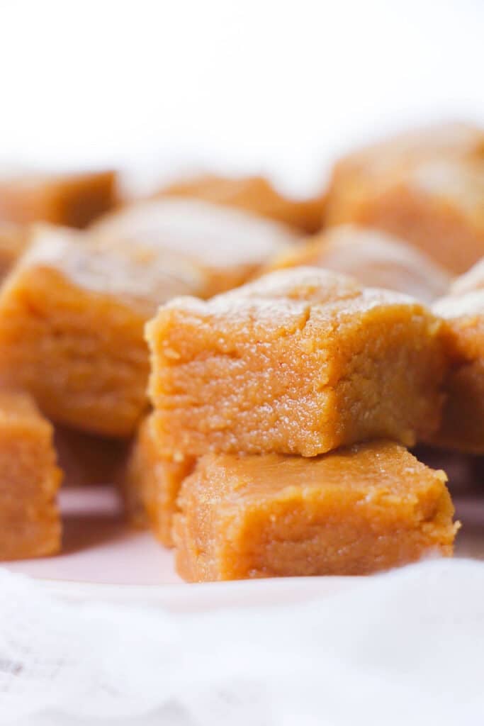 stack of peanut butter fudge squares.