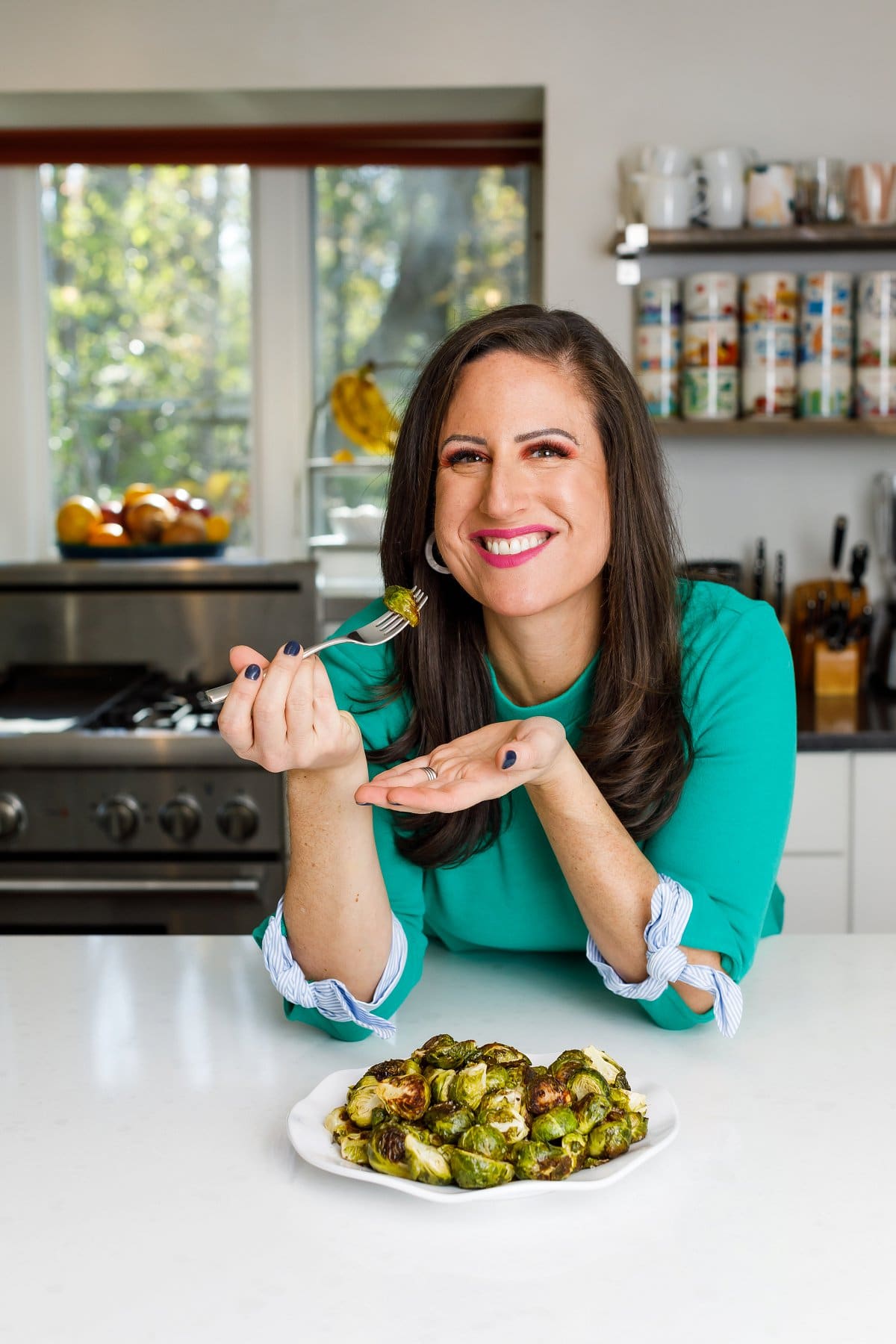 Liz eating Brussels sprout