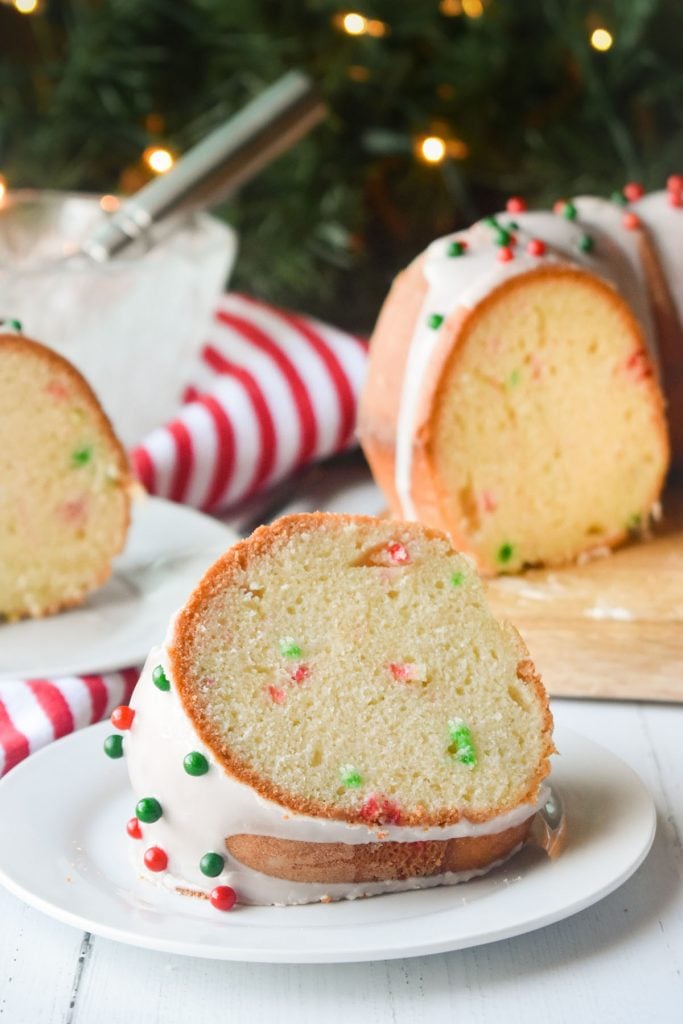 slice of christmas bundt cake on a white plate