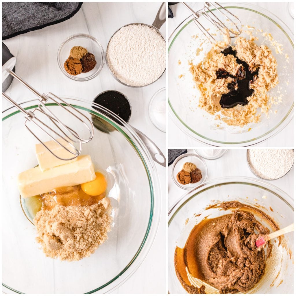 collage of mixing bowl with cookie dough