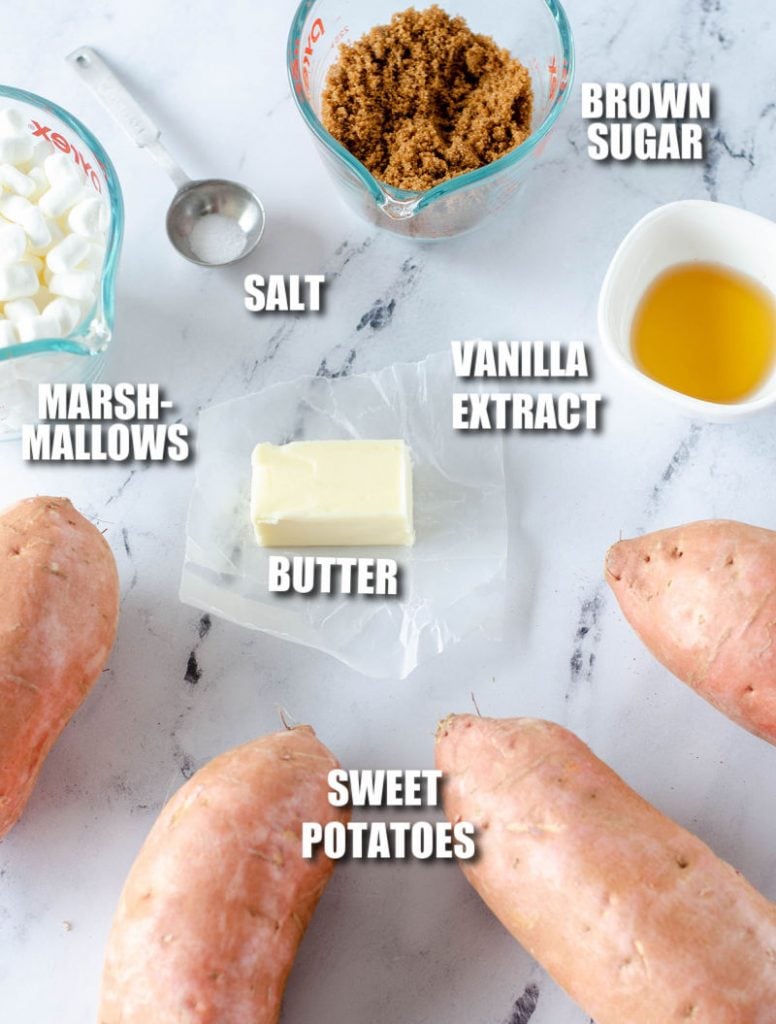 overhead shot of ingredients laid out to make sweet potato casserole