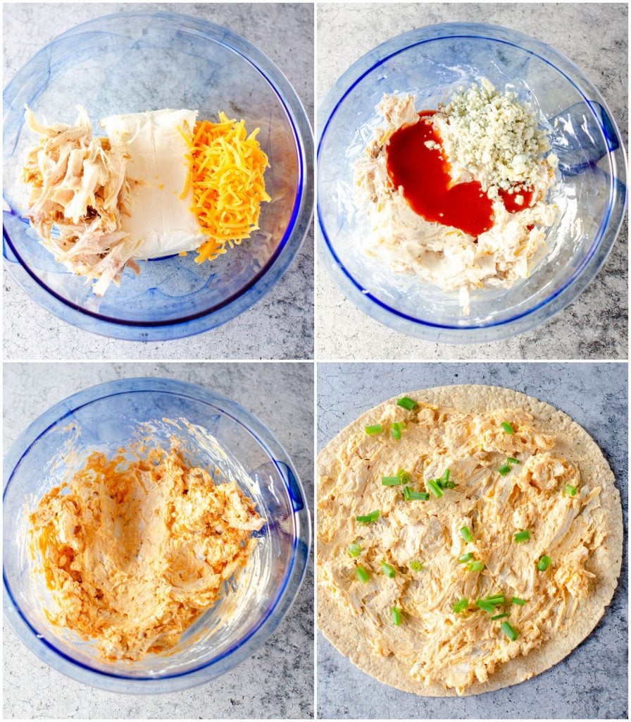 collage of overhead shot of making cream cheese chicken mixture for rollups