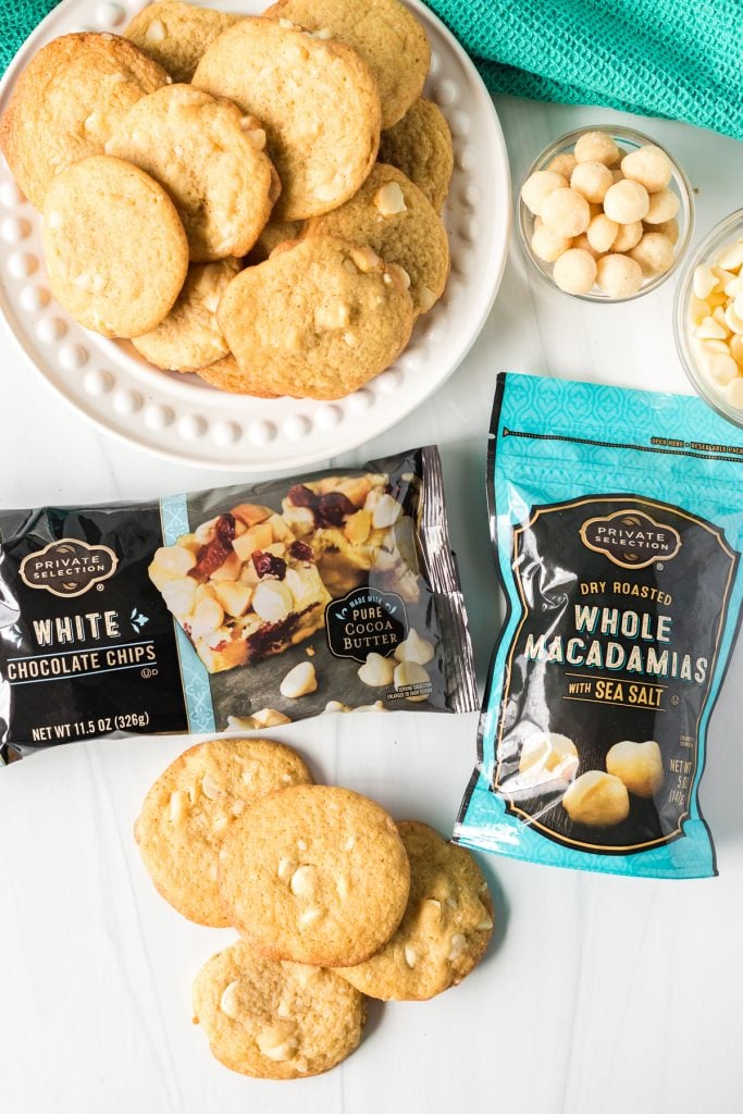 white chocolate macadamia nut cookies with bagged chips & nuts