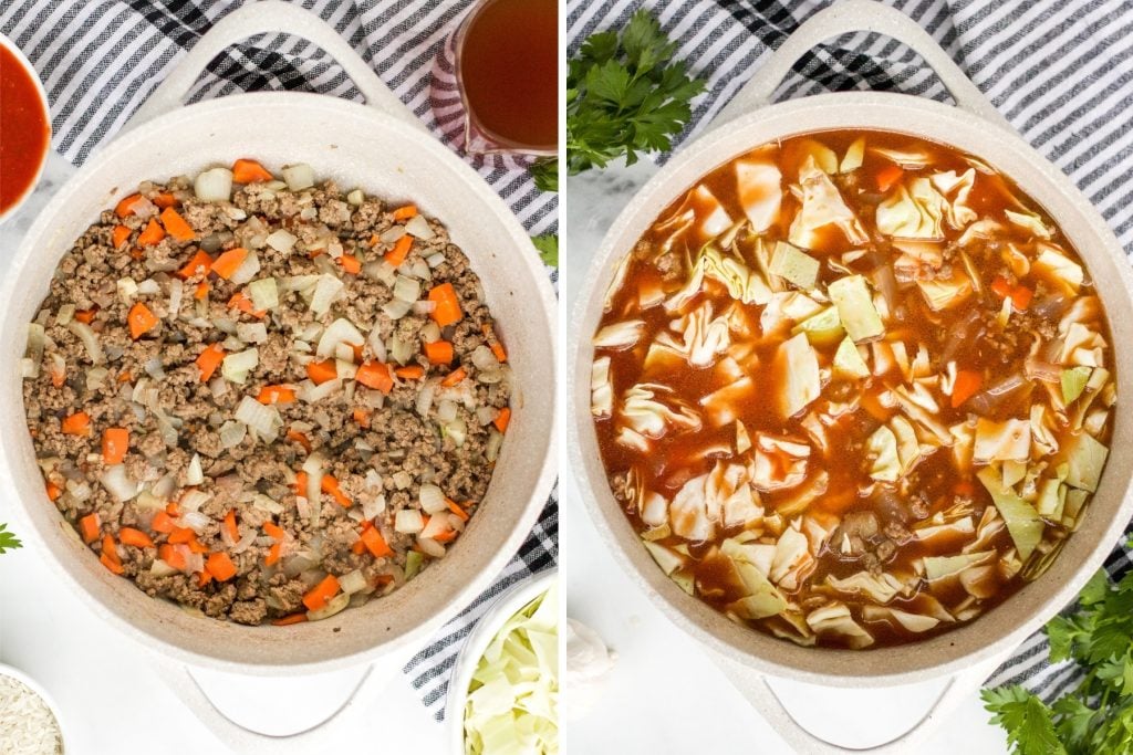 collage of stock pot filled with cabbage roll soup ingredients