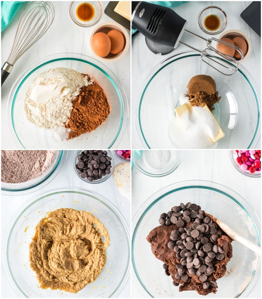collage of mixing bowl making double chocolate chip cookies