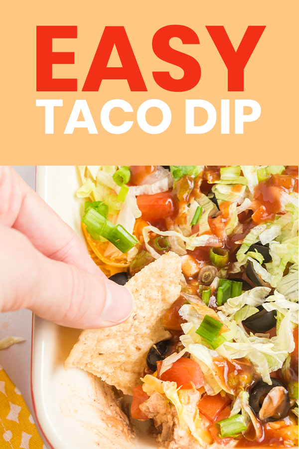 dipping tortilla chip into taco dip with text that reads easy taco dip